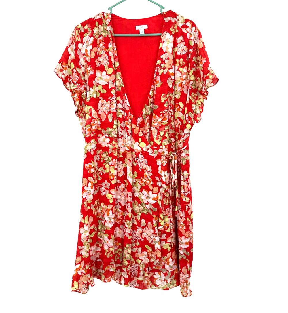J. Jill Size XL Wrap Style Short Sleeve Dress Floral Allover Print Red White